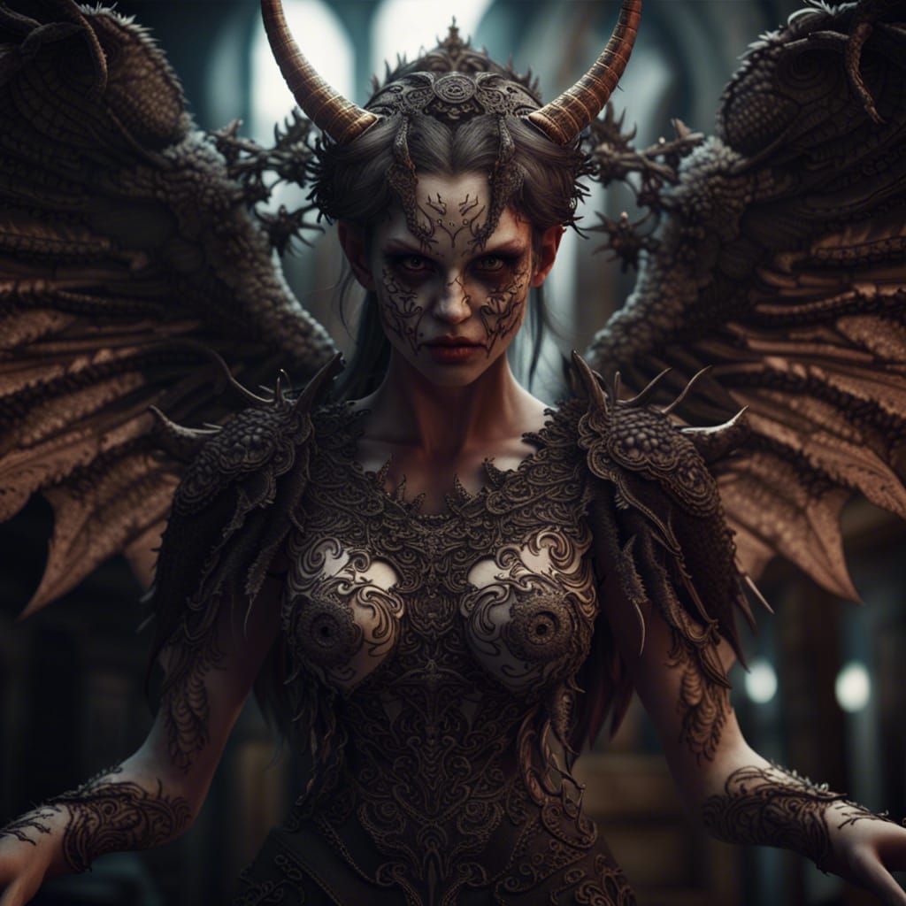 Creepy Horned Demoness with Wings in Digital Art