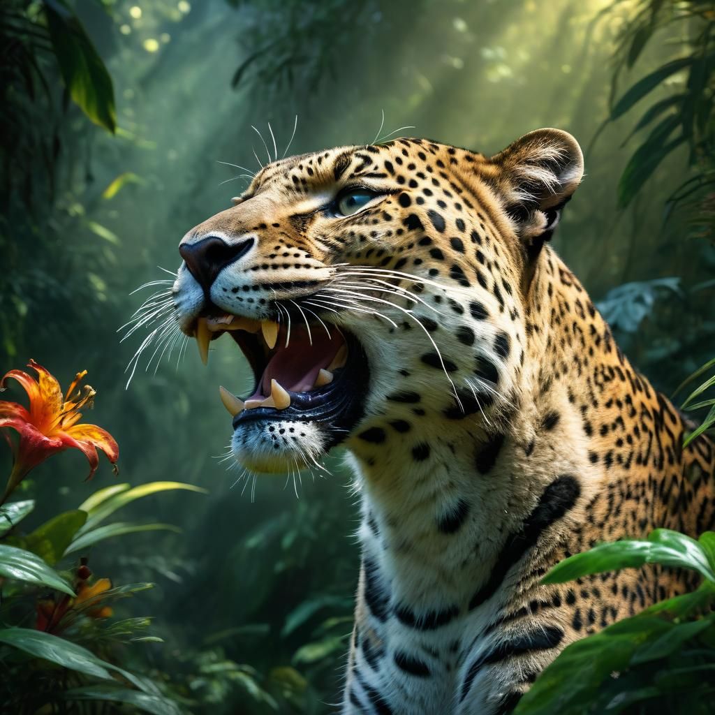 Roaring Leopard in Jungle, Hyper-Realistic Splash Art