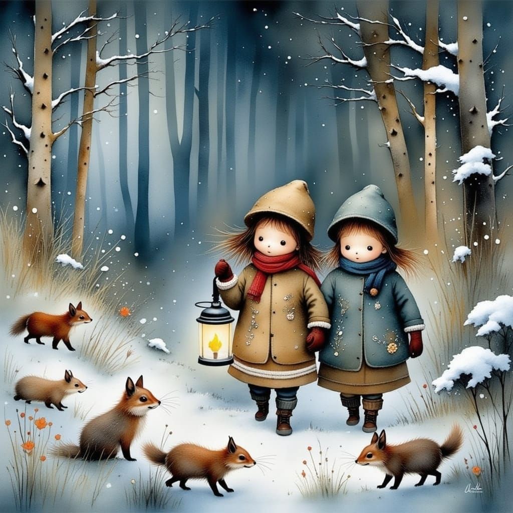 Two Little Girls Stroll Through Enchanted Snowy Forest in Wh...