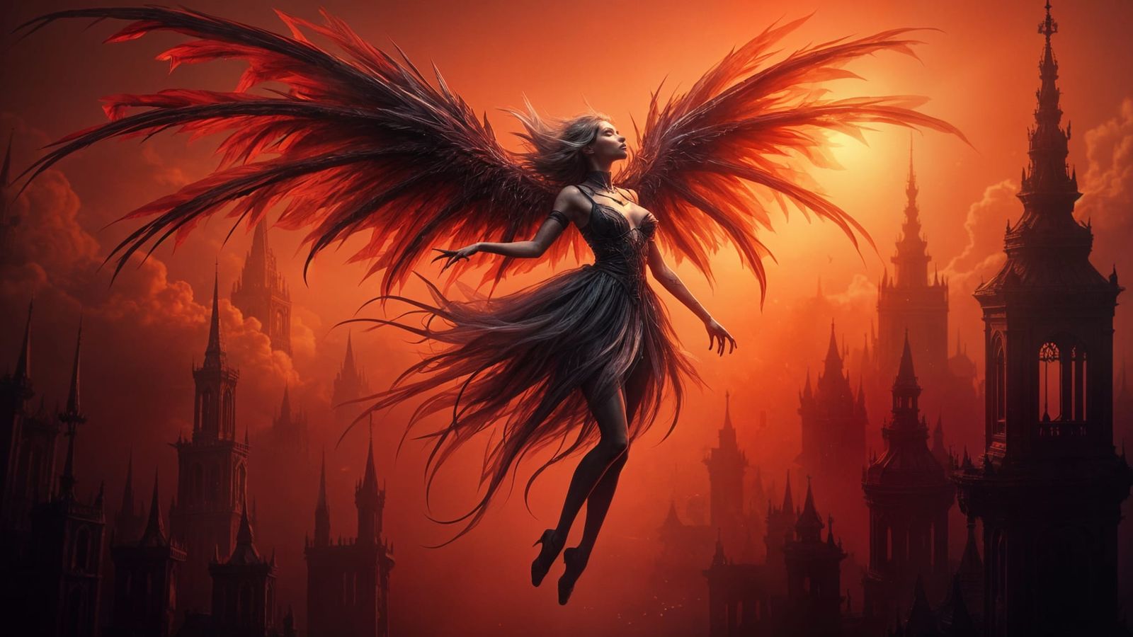 Gothic Fairy Soaring Over Crimson Cityscape in Fantasy Art