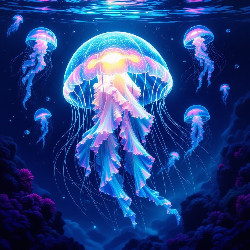 Bioluminescent Jellyfish Dances in Alien Ocean