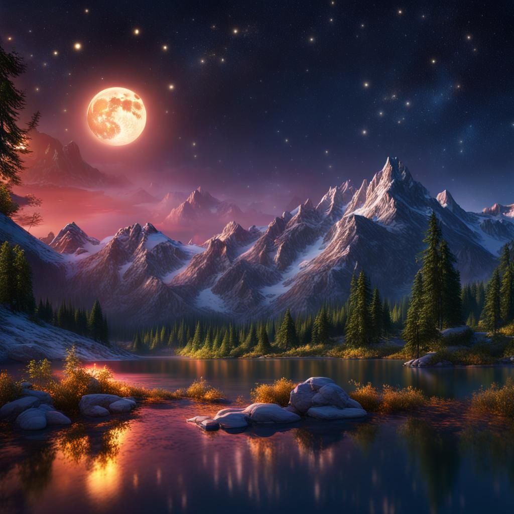 Vibrant Night Mountains with Moon and Fireflies