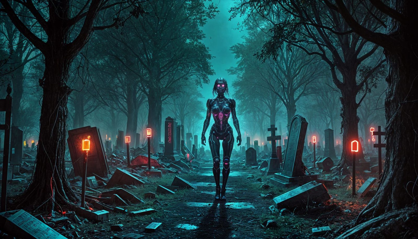Eerie Cybernetic Graveyard in Glowing Neon Style