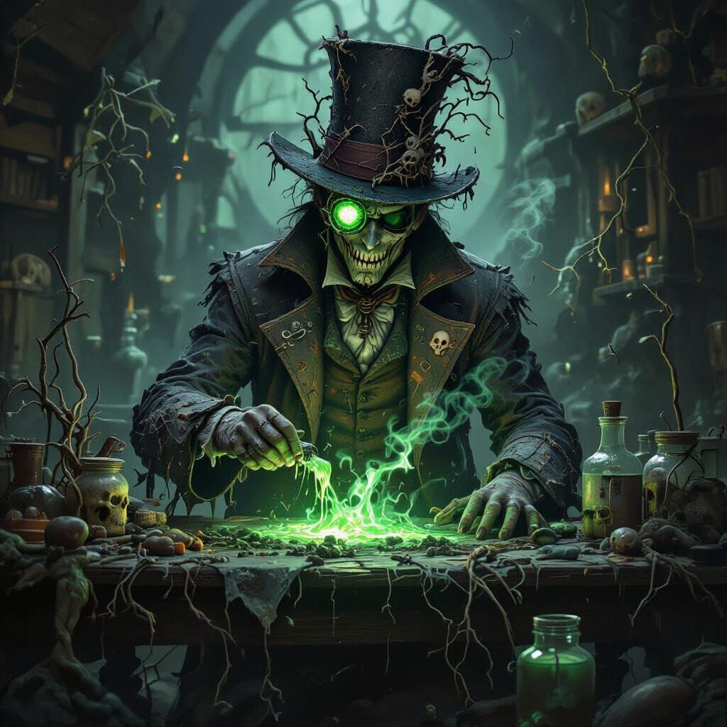 Mad Alchemist Creates Potion in Horror-Themed Laboratory