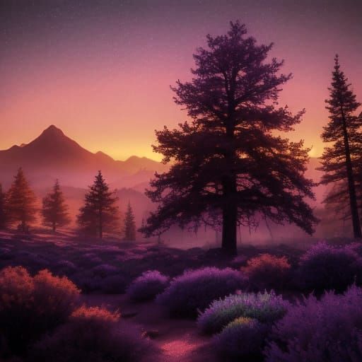 Vibrant Fantasy Tree in Purple Fire Amidst Glowing Red Mount...
