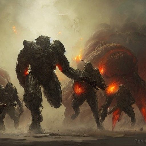 Soldiers Clash with Molten Monster in Fantasy Art Style