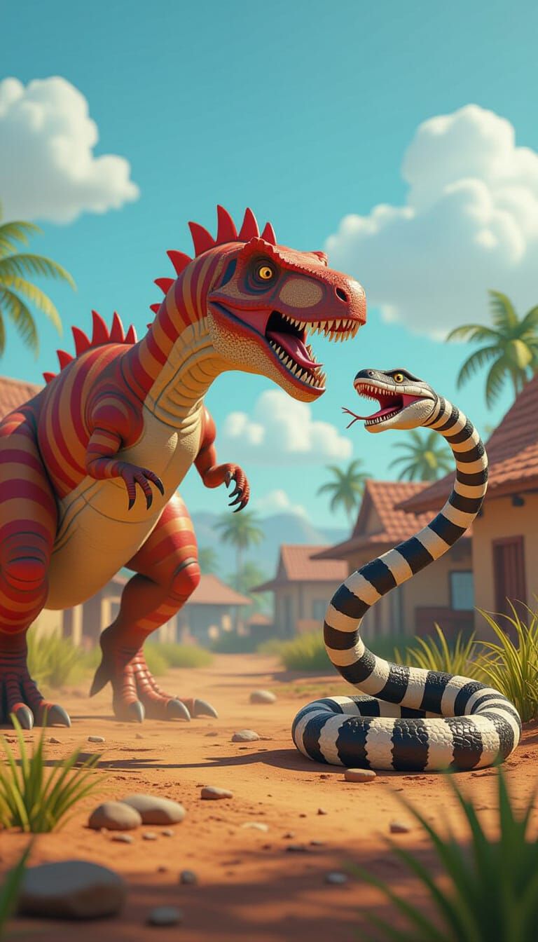 Dinosaur vs Snake in Cartoonish Indian Landscape