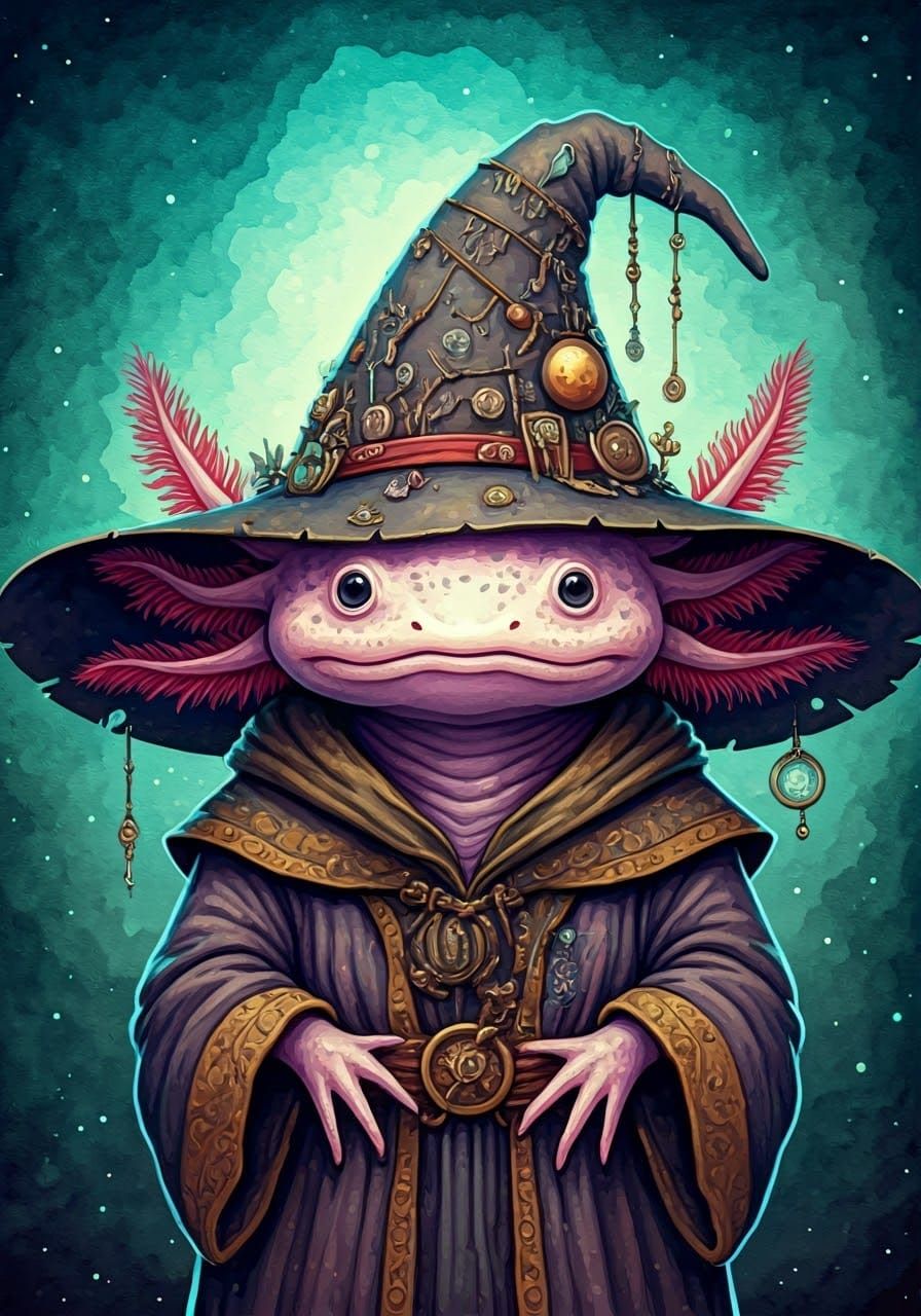 Enchanted Axolotl Wizard in High Fantasy Attire