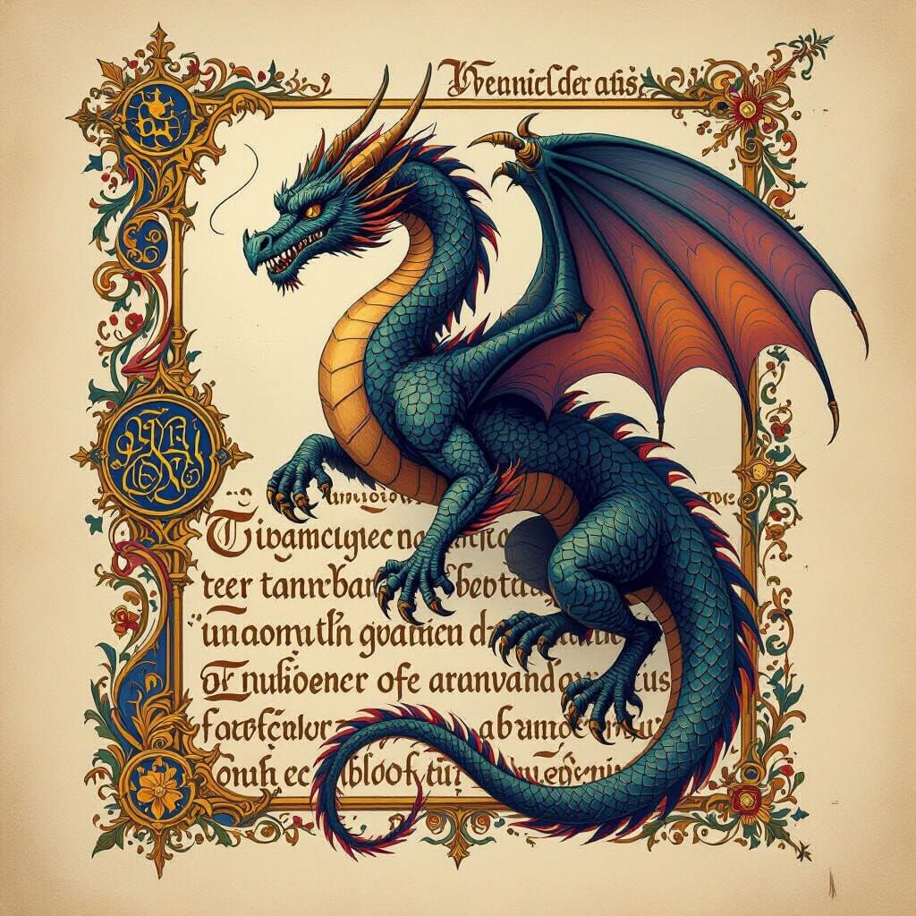Majestic Medieval Manuscript Page with Dragon Illustration