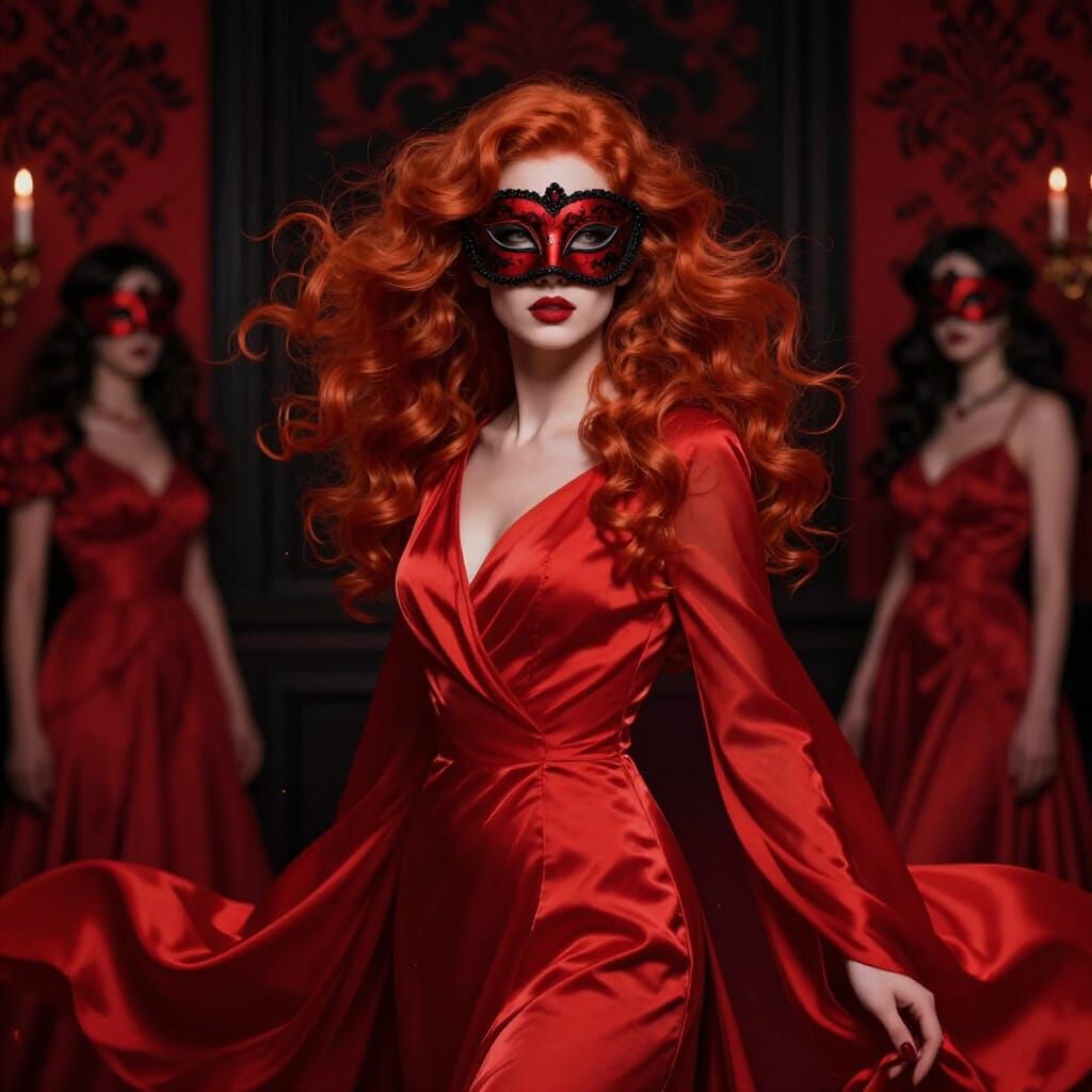 Redhead Woman in Masquerade Mask and Red Dress