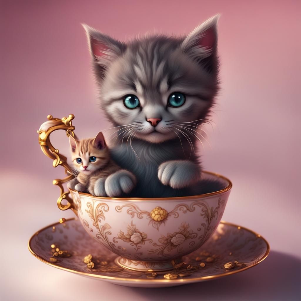 Cute Kitten in Teacup: Detailed Matte Painting