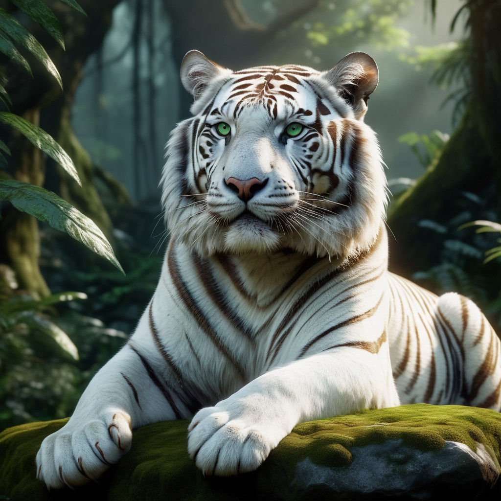 Majestic White Tiger Amidst Jungle Mystique