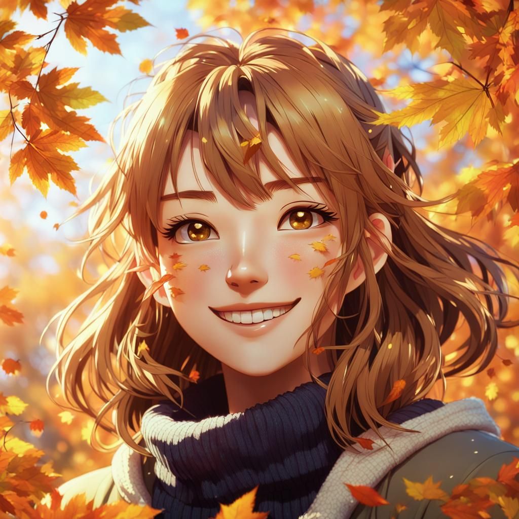 Smiling Anime Girl in Autumn Sunlight: 3D Render