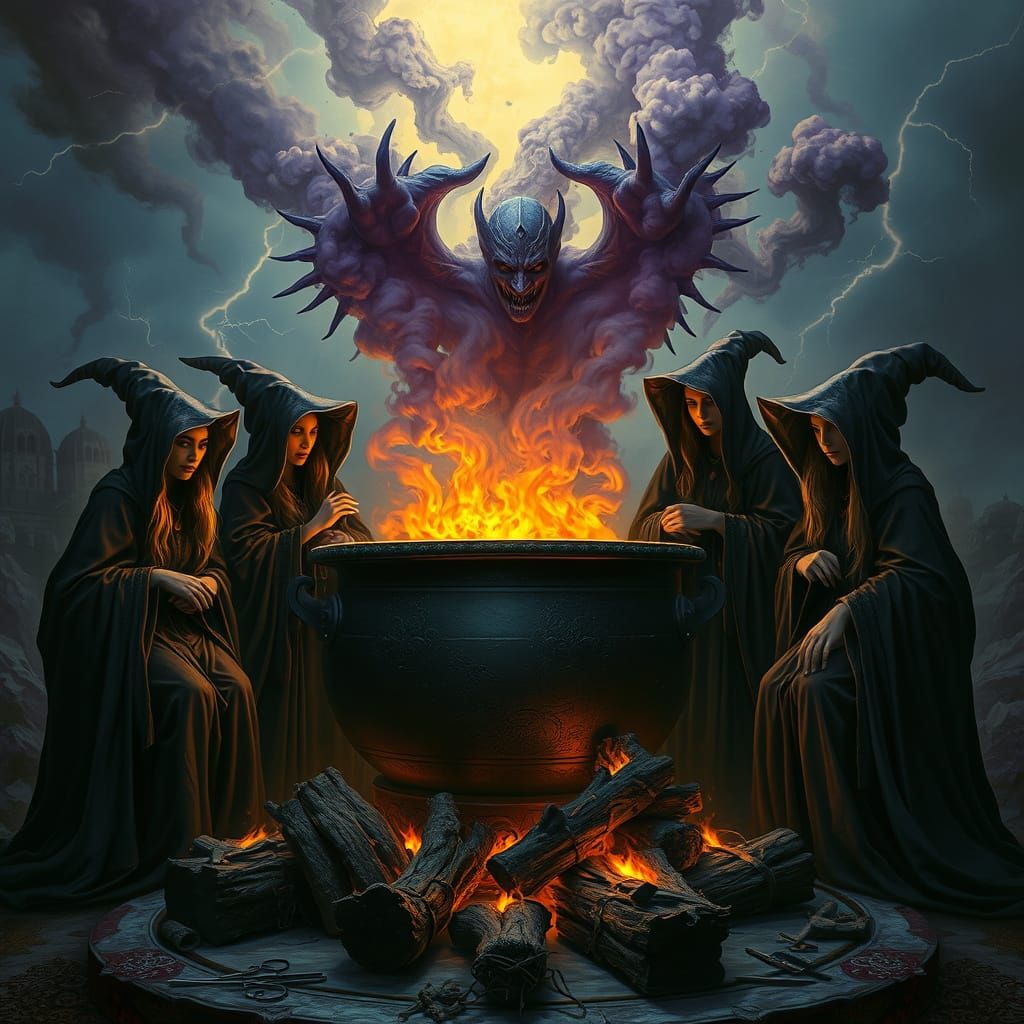 Witches Conjure Mystical Forces in a Turbulent Thunderstorm