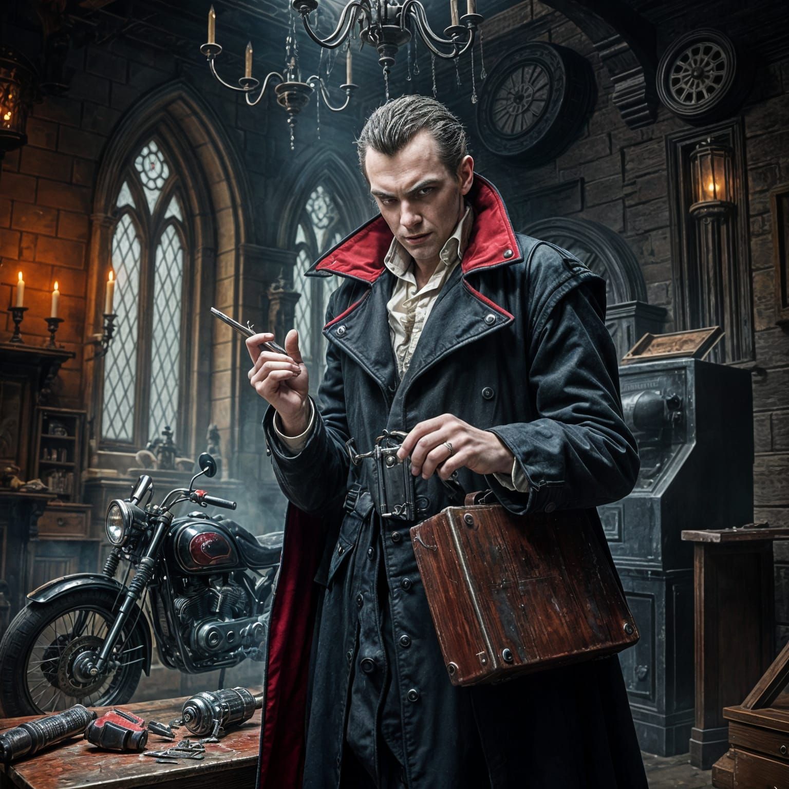 Mysterious Vampire in a Gothic Lair with Industrial Machiner...