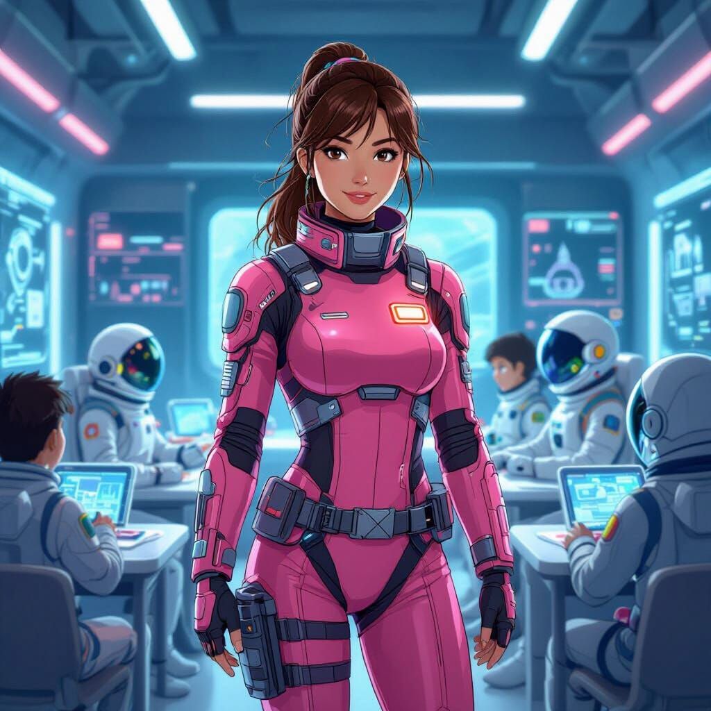 Futuristic Teacher in Pink Space Suit, Ghibli Style