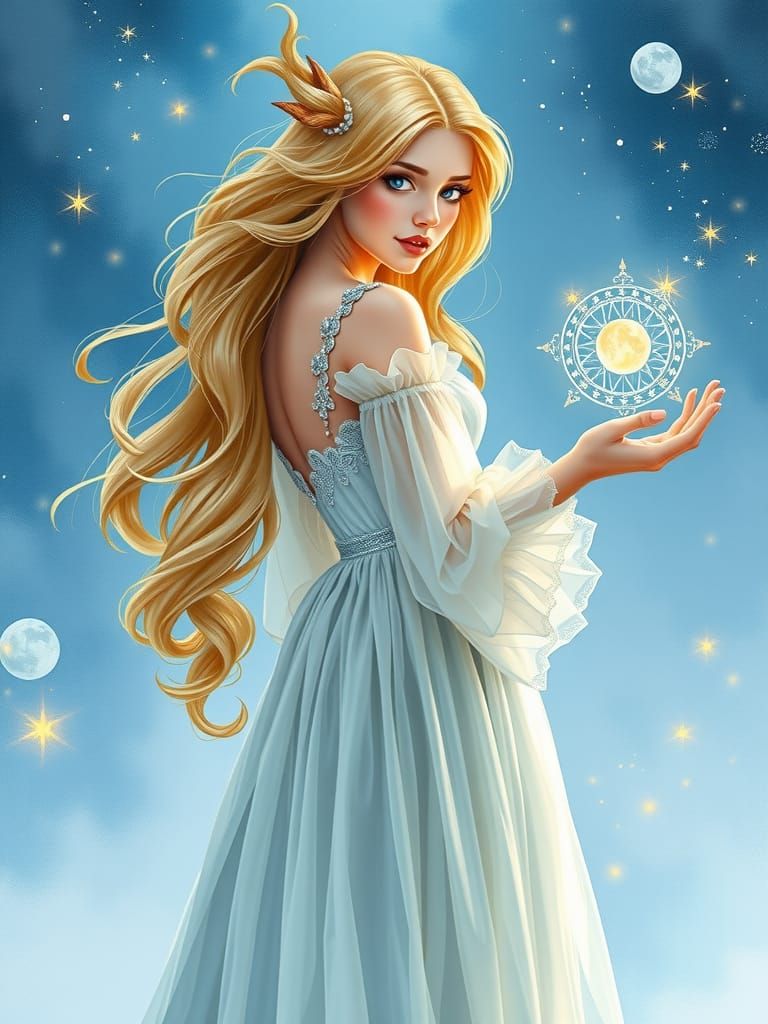 Enchanting Wizardess Casting Magic, Watercolor Style