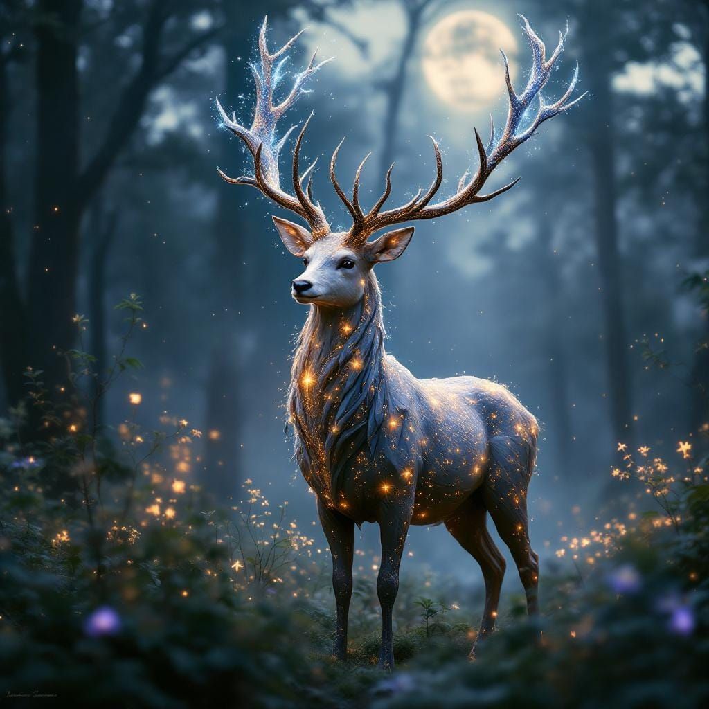 Stardust Deer in Moonlit Forest: Digital Art