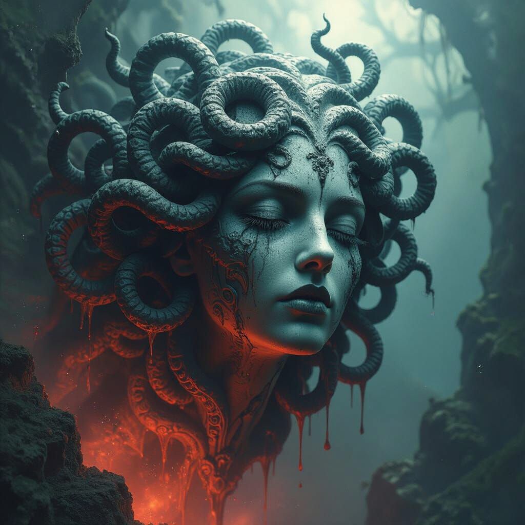 Surreal Melting Medusa Head in Biomechanical Style