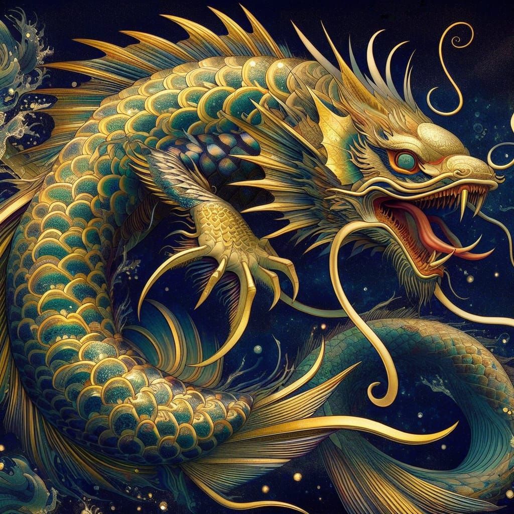 Golden Ningyo in Hokusai Style, Aquatic Realm