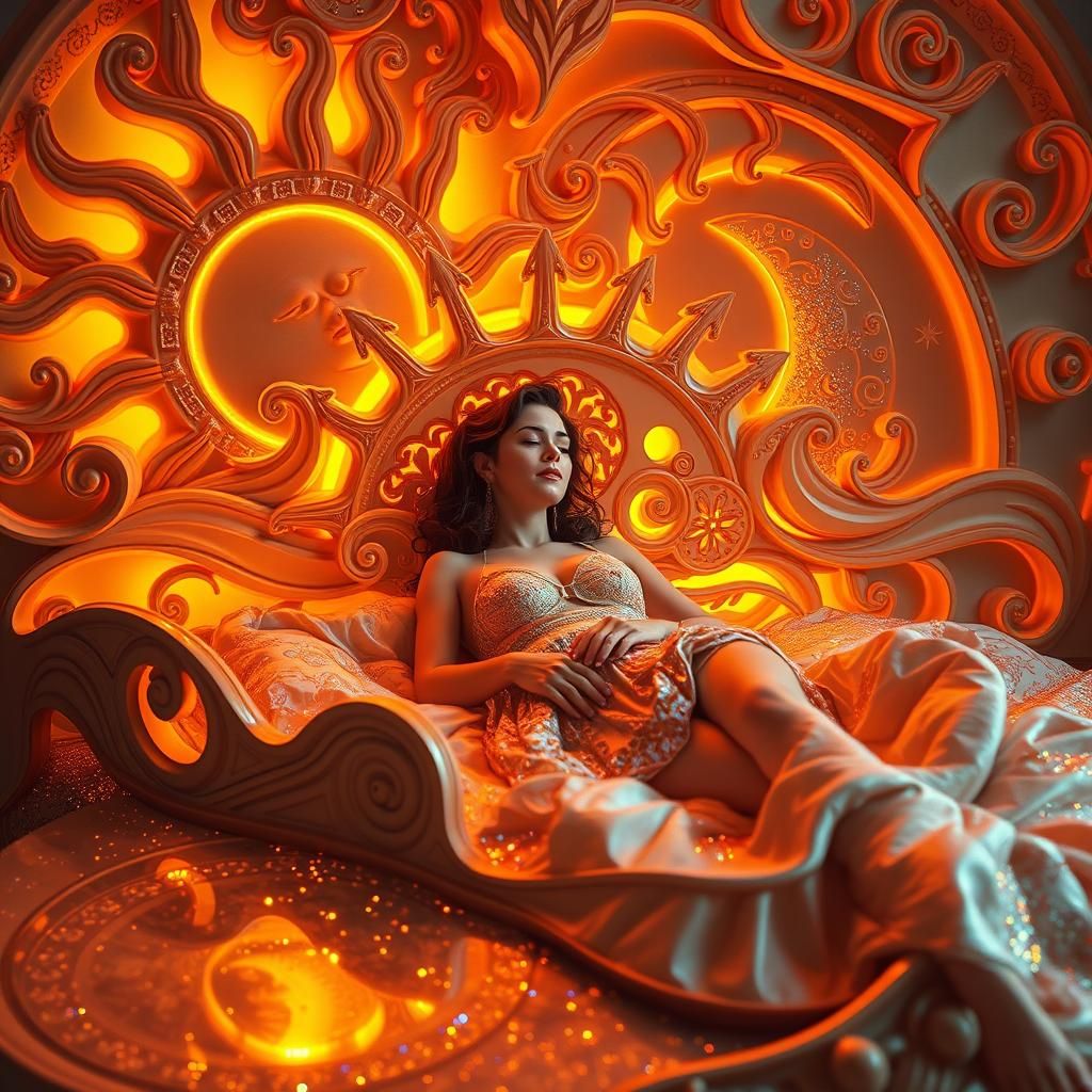 Woman in Sun and Moon Bed, Fairytale Art