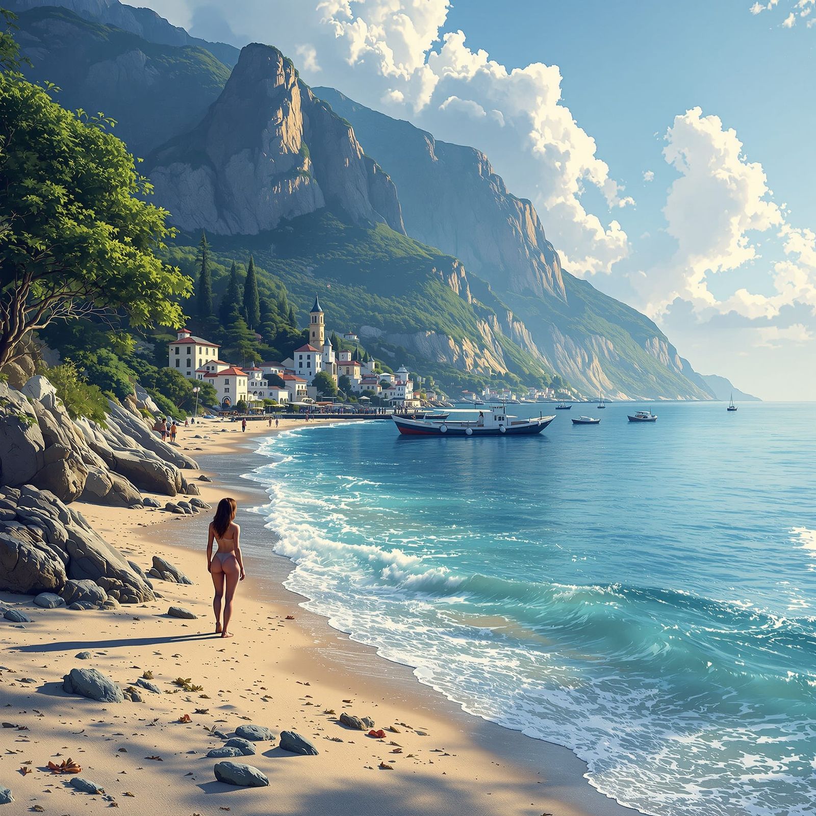 Sci-Fi Coastal Village on Mountain Shore