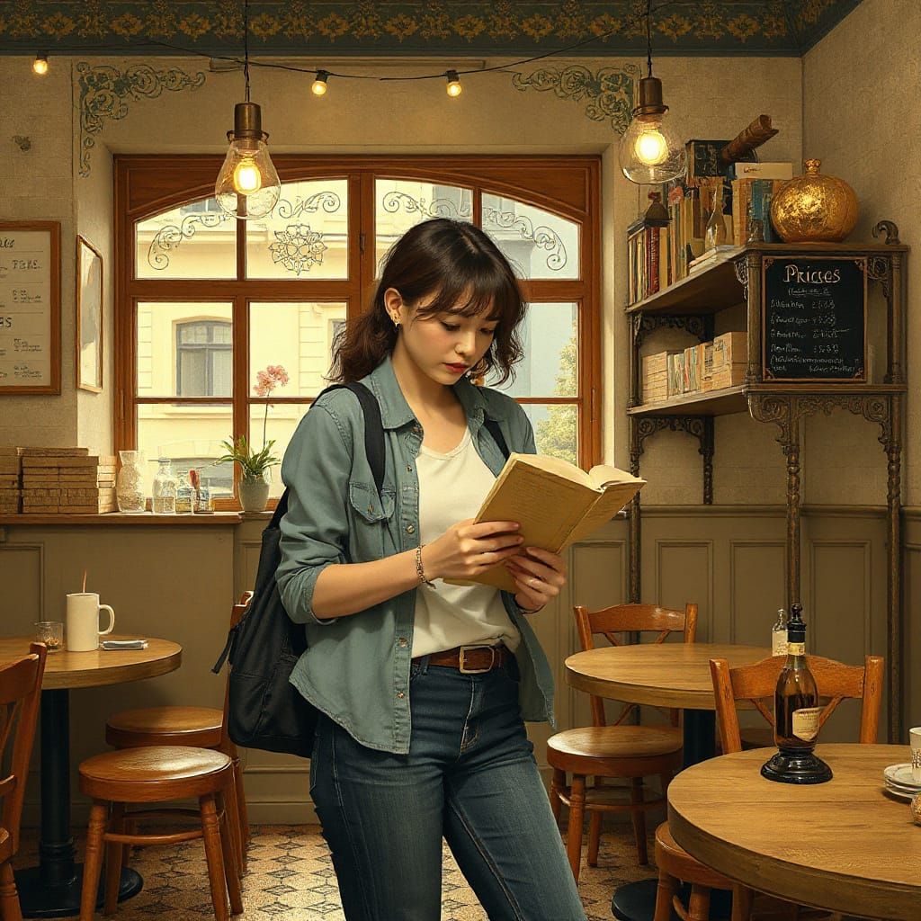 Cozy Cafe Scene in Folk-Art Style