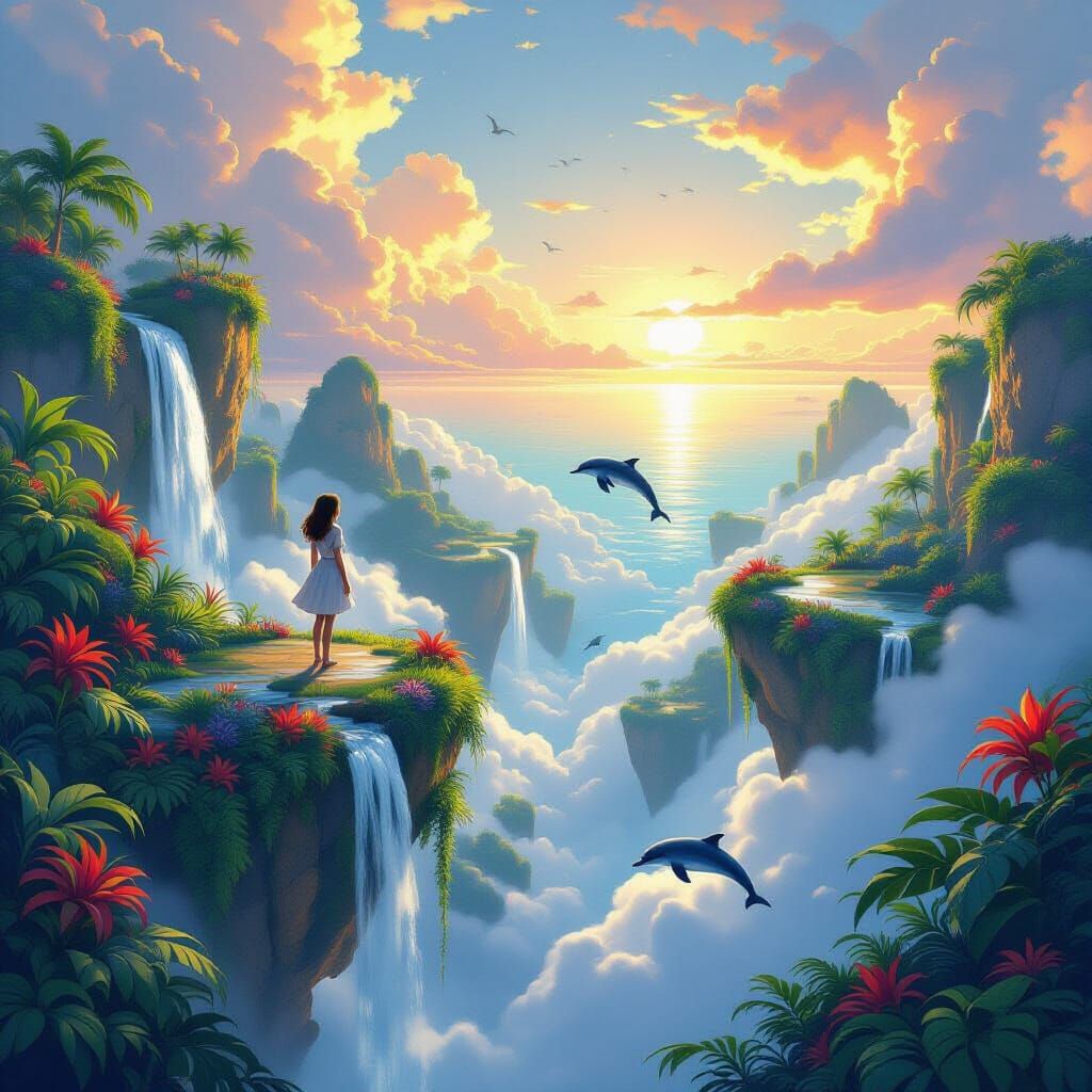 Floating Islands with Sky-Ocean and Leaping Dolphins