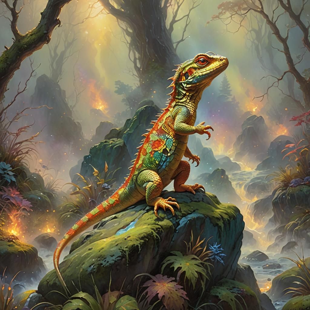 Fire Lizard in Ethereal, Soft-Focus Fantasy Art