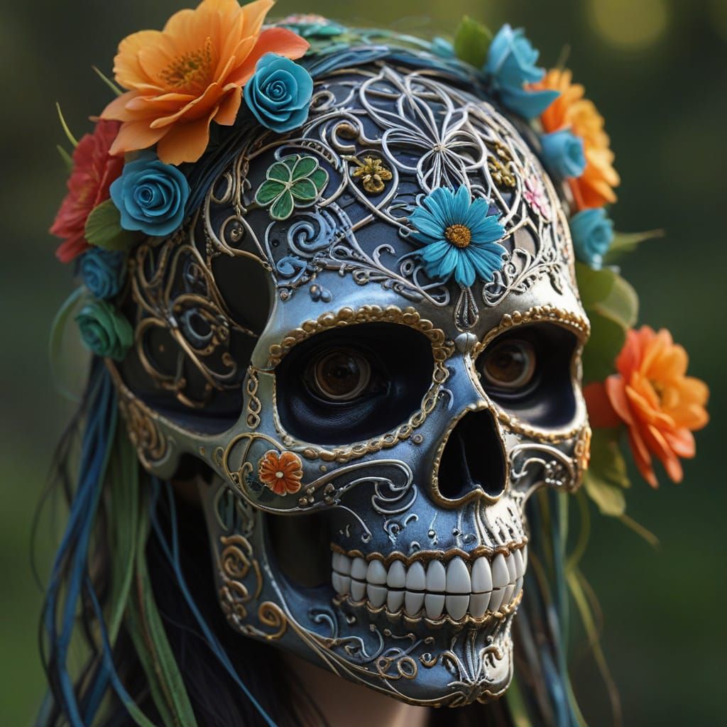 Steel Sugar Skull with Flowers, Hyperrealistic Photo