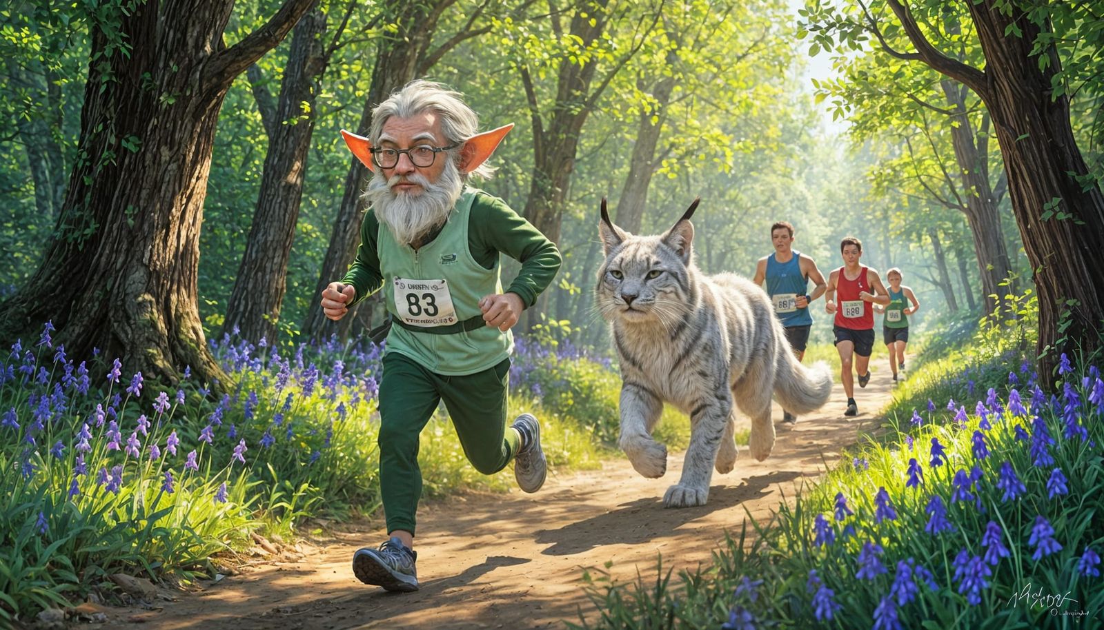 Elderly Green Elf Runs with Snow Lynx Through Bluebell Woods