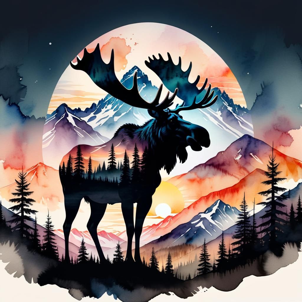 Moose Silhouette Sunset in Watercolor Double Exposure