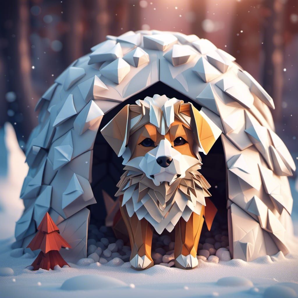 Origami Puppy in Igloo: Fantasy Concept Art