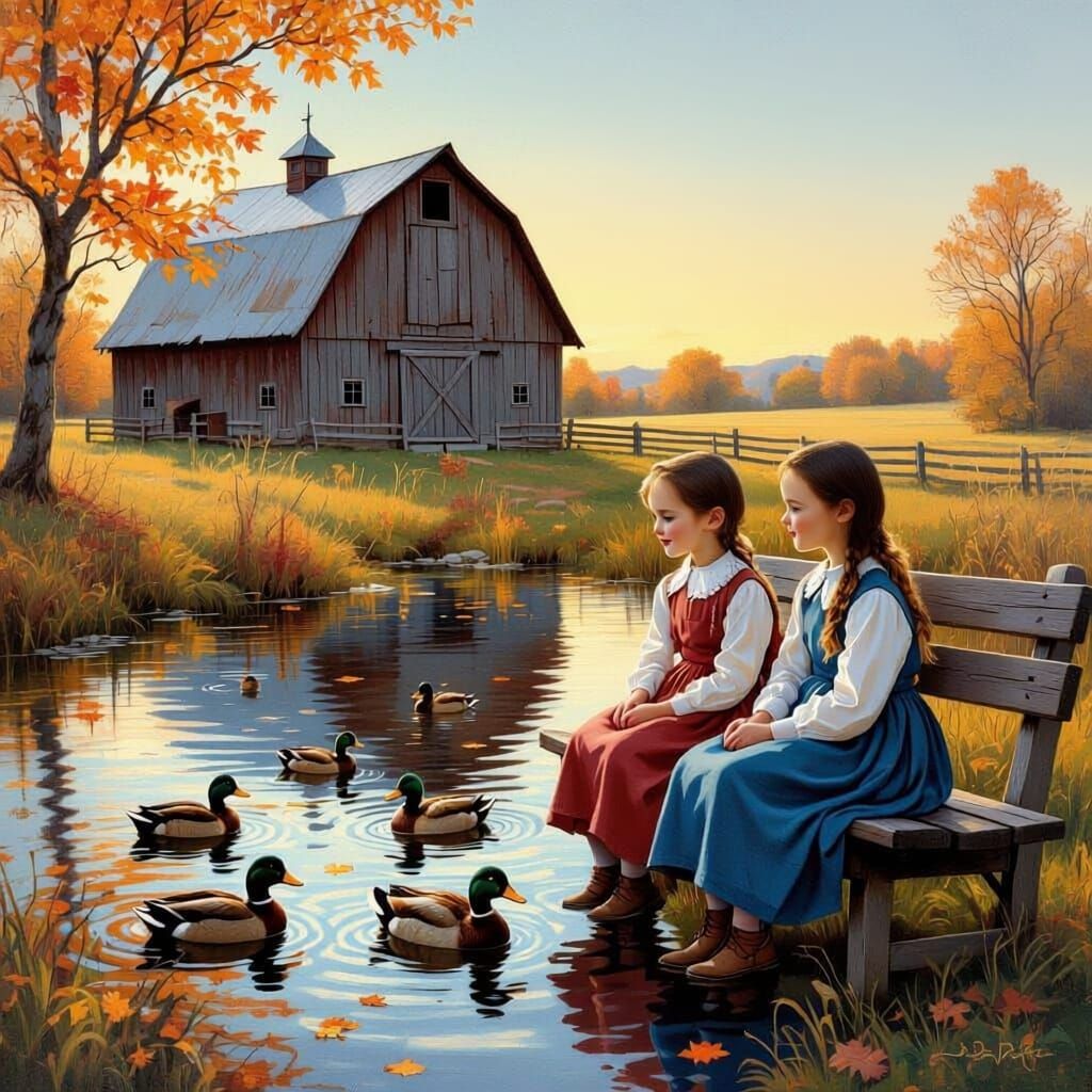 Mennonite Girls Watch Ducks by Fall Barn Pond