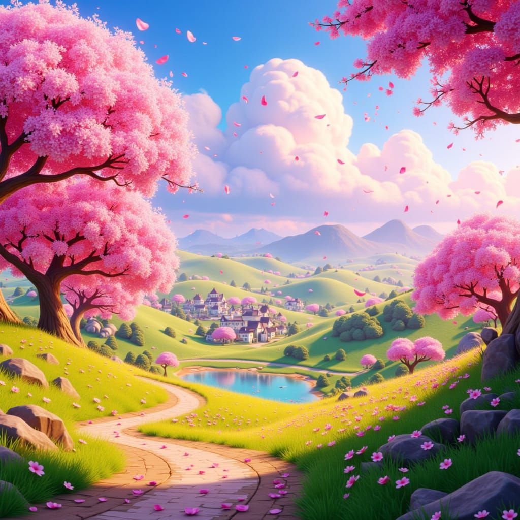 Whimsical Golden Hour Landscape in Studio Ghibli Style