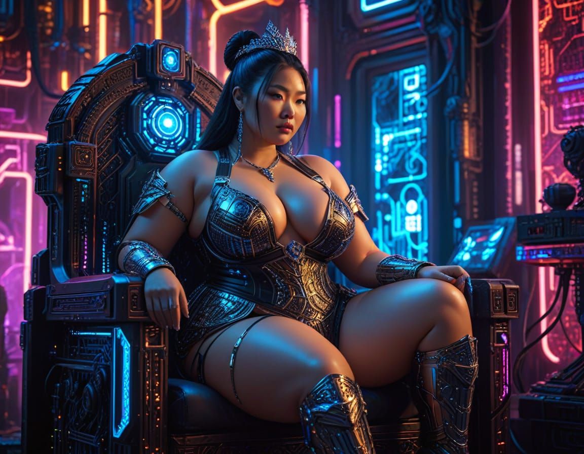 Cyberpunk Goddess Reigns Over Circuit Board Throne
