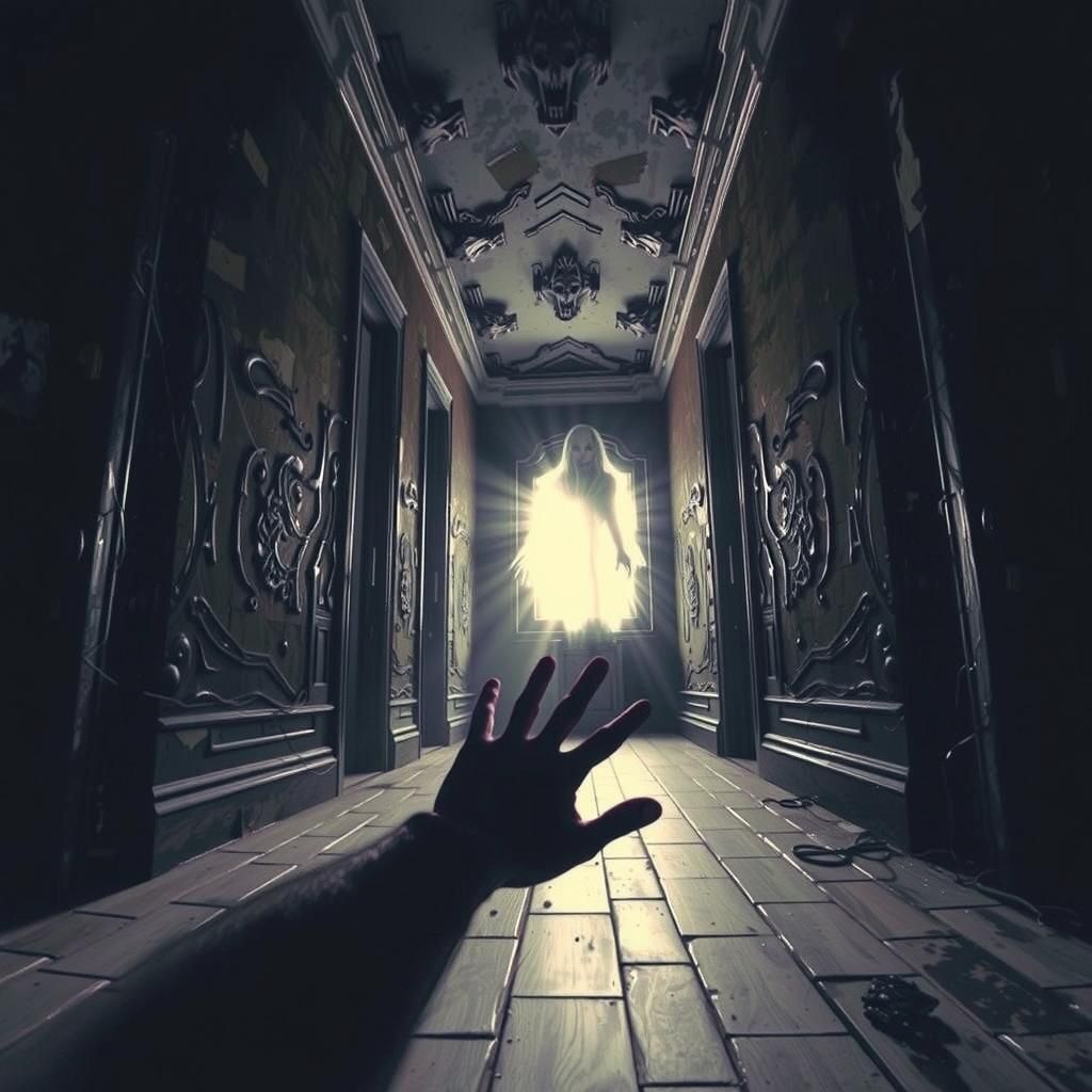 Haunted House Hallway Perspective with Ghostly Apparition