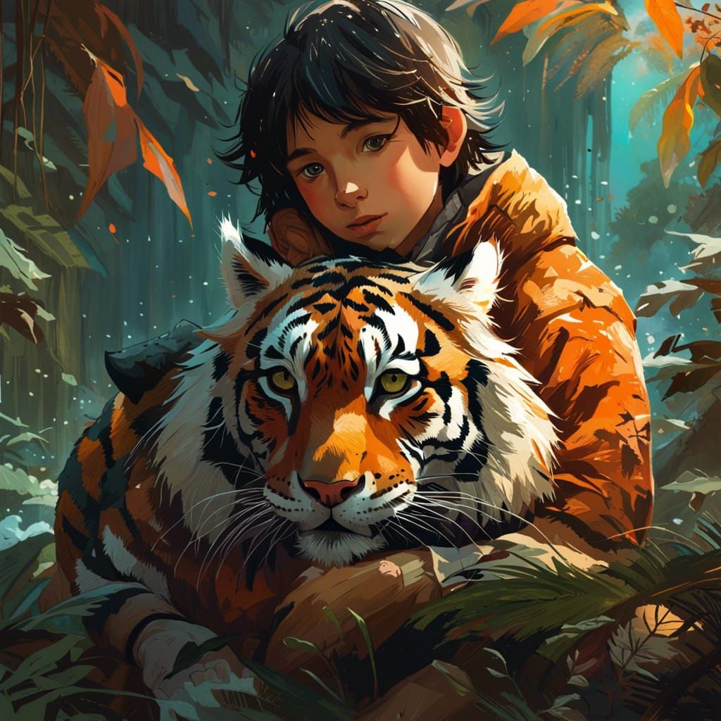 Boy and Tiger Cuddle: Hyperdetailed Digital Art