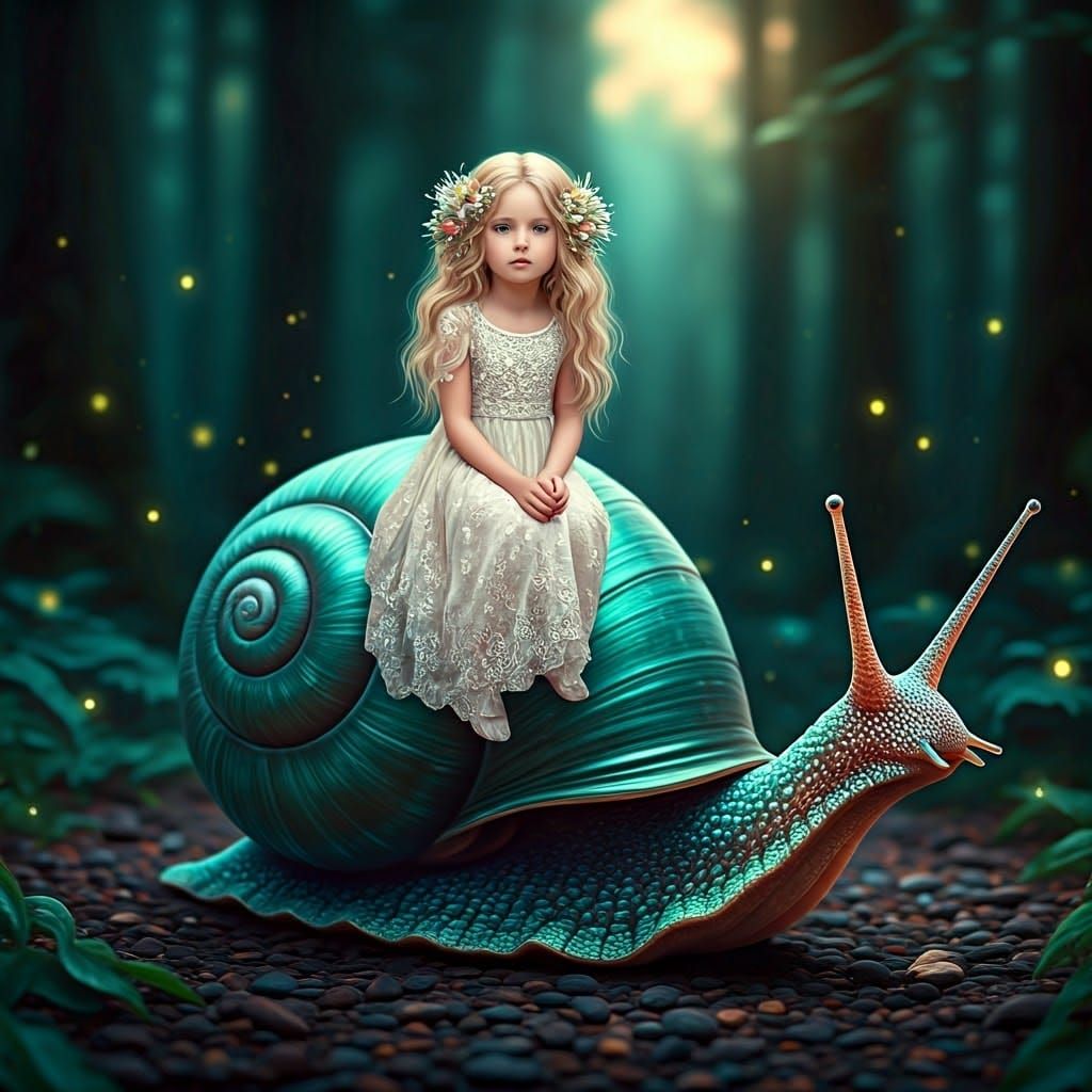 Girl on Snail Shell in Ethereal Forest