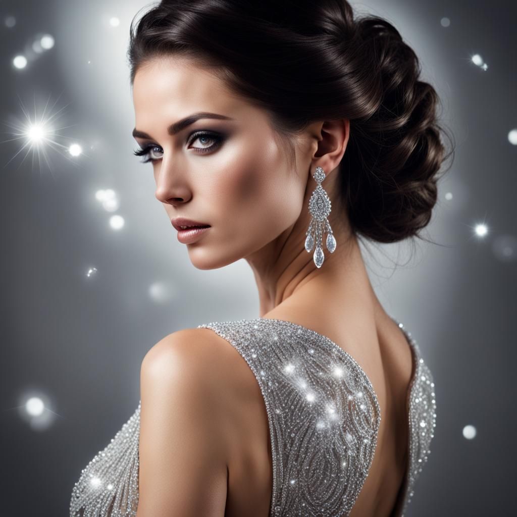 Woman in Silver Dress and Diamonds: Digital Art