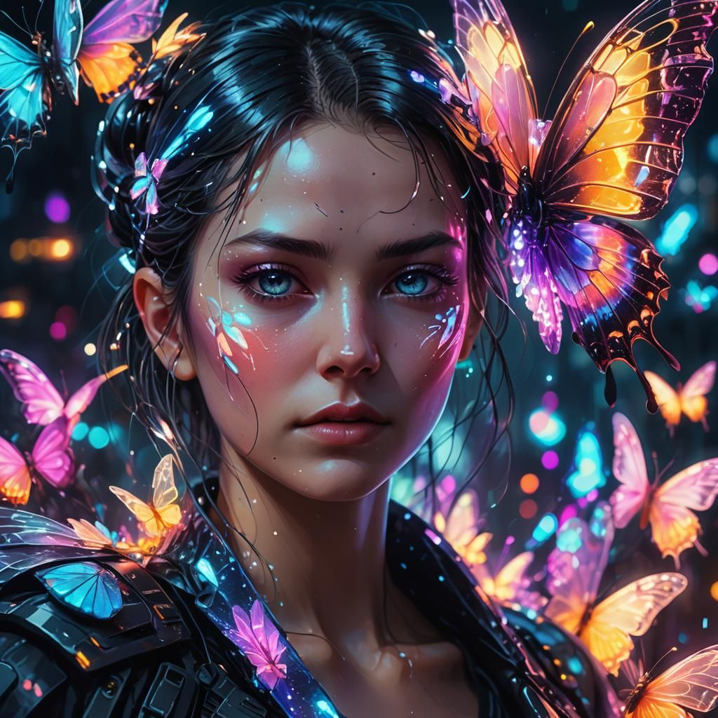 Cyberpunk Crystal Butterfly over Bioluminescent Flower