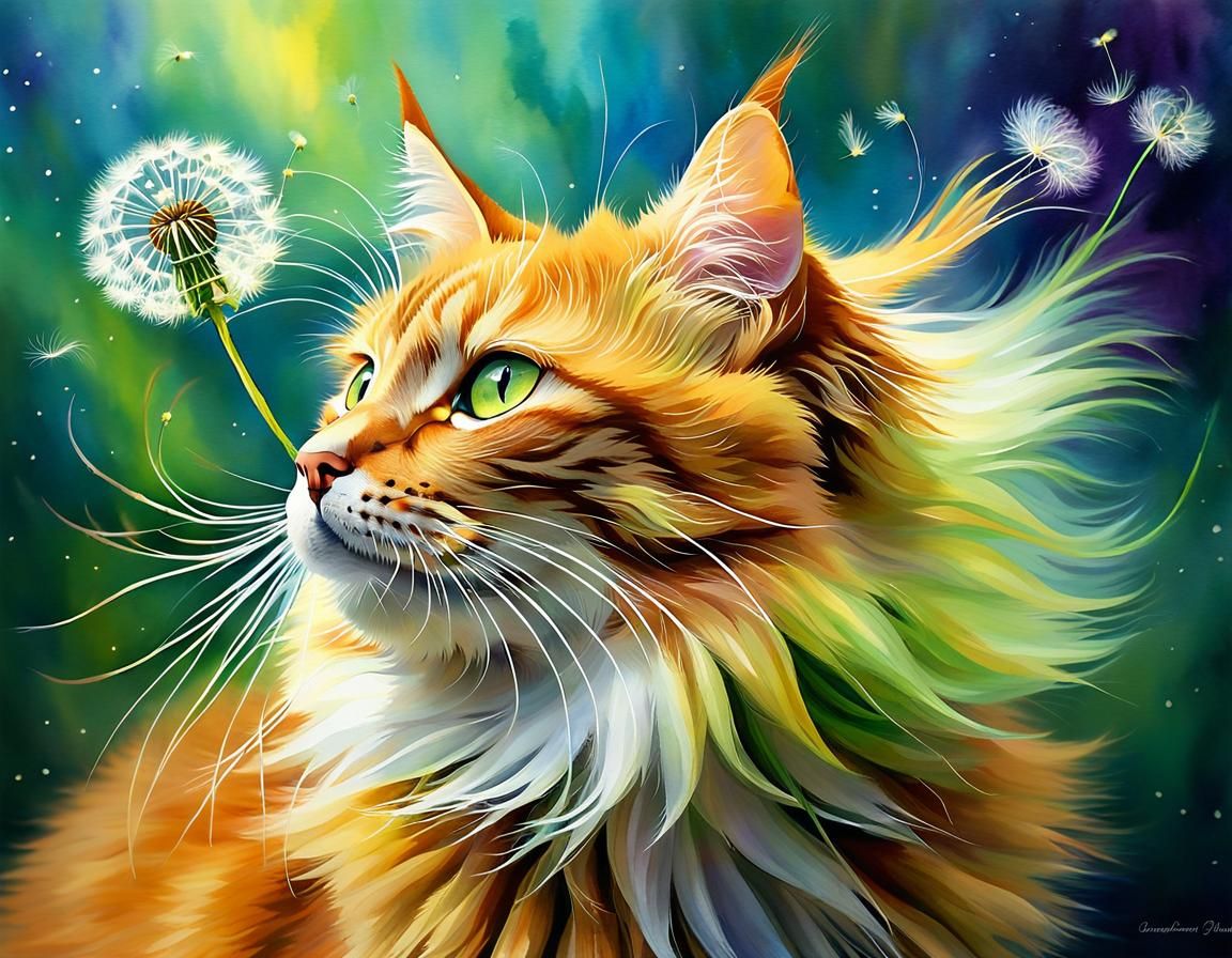 Ginger Cat and Dandelion in Watercolor