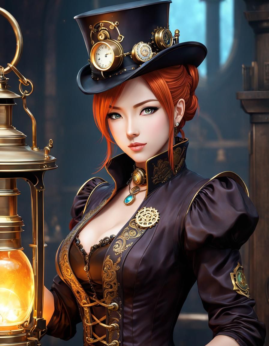 Regal Steampunk Lantern Portrait in Anime Style