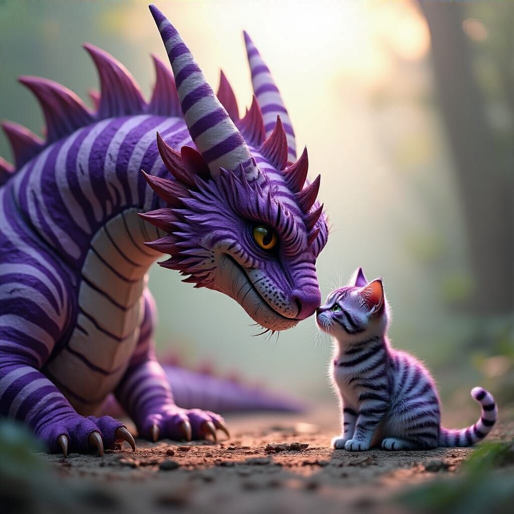 Purple Dragon and Cat Touching Noses