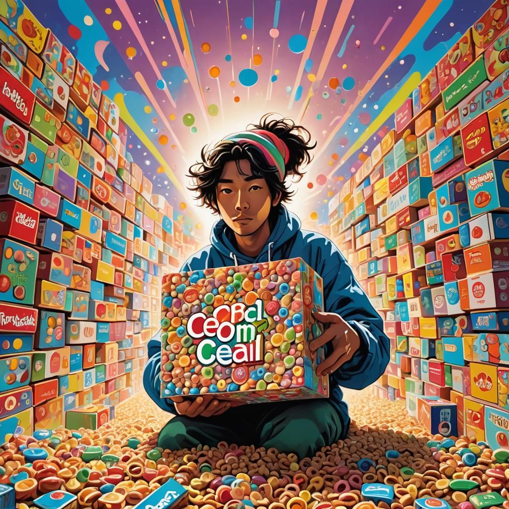 Surreal Pop Art Cereal Box with Glowing Packaging