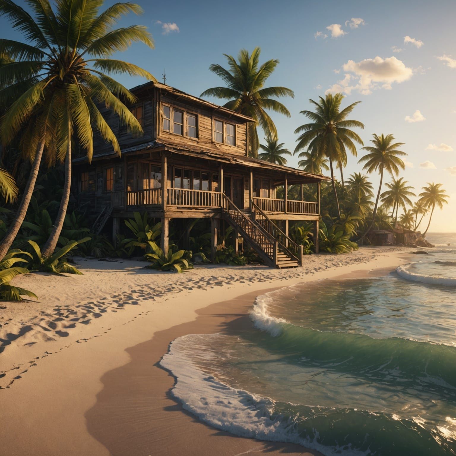 Tropical Beach at Golden Hour with Dilapidated House