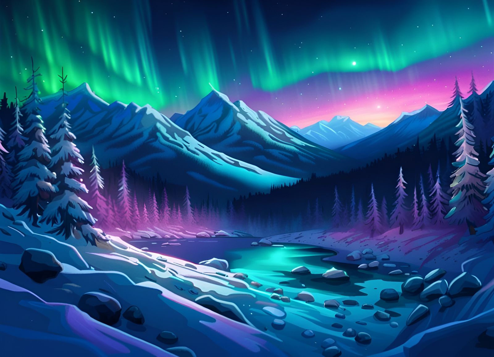 Taiga Winter Forest Aurora in Manga Art