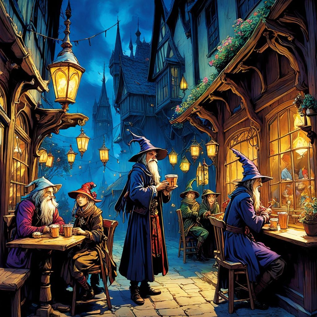 Cheerful Wizards Gather at a Whimsical Cafe