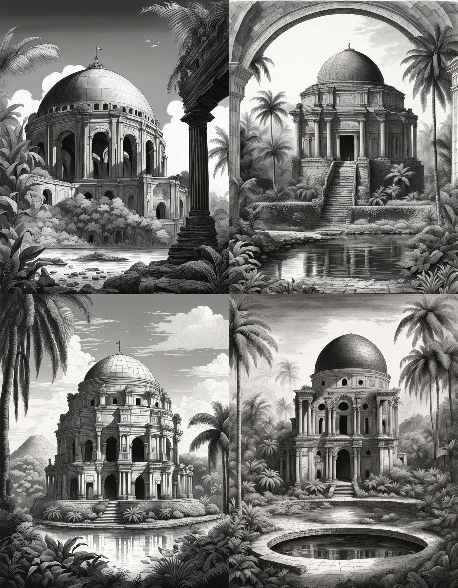 Tropical Ruins in Black and White