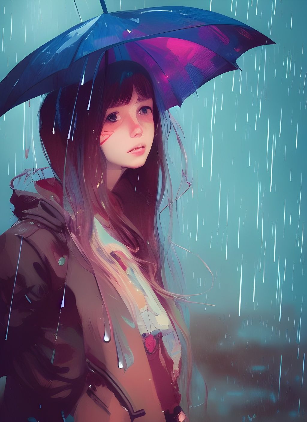 Cute Girl Portrait in Rain: Digital Illustration